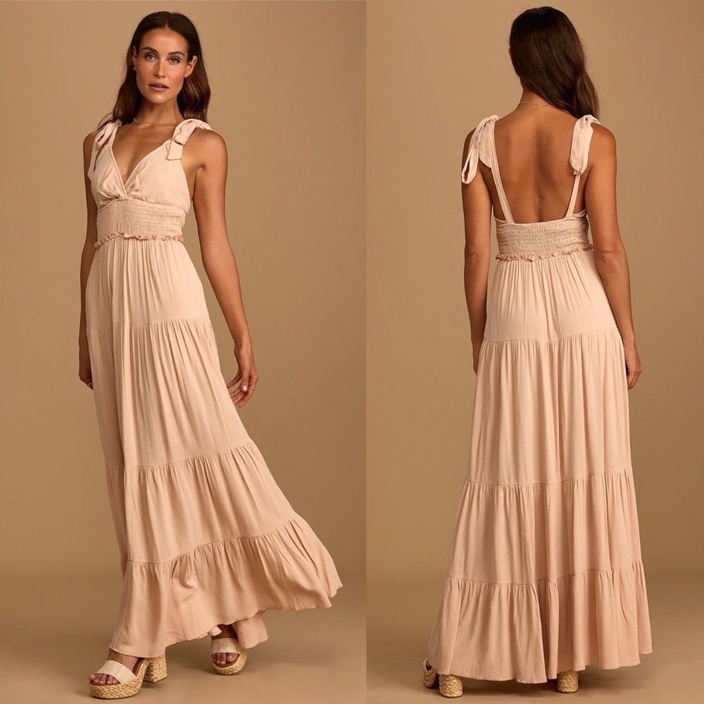 Lulus Our Perfect Day Beige Tie-Strap Tiered Maxi Dress M